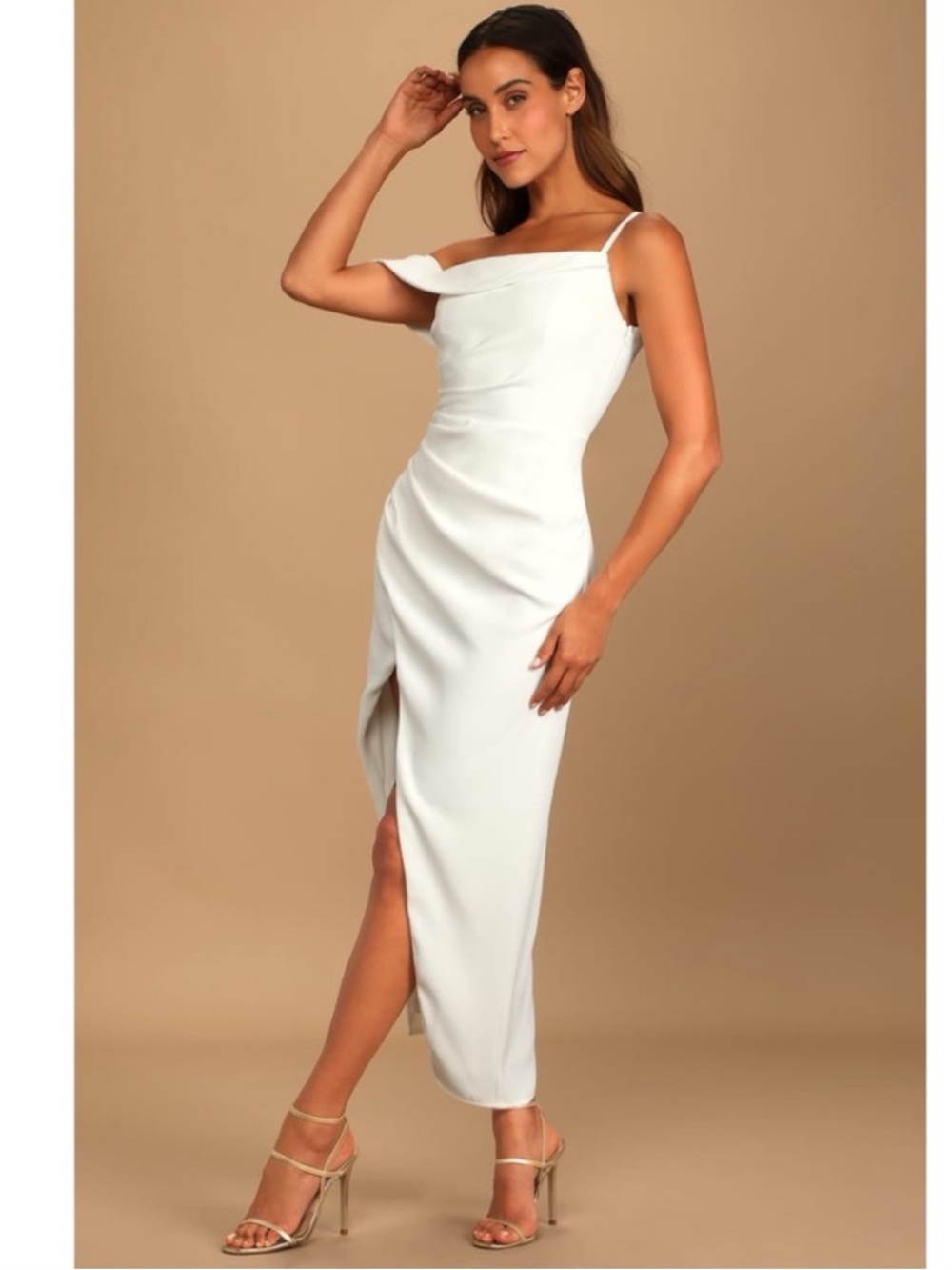 Lulu's White One Shoulder Side Pleated High Side Slit Dress Sz S NWT - Picture 4 of 16